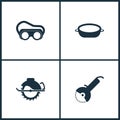 Vector Illustration Set Cinema Icons. Elements of Protective welding goggles, Bath and Saw icon Royalty Free Stock Photo