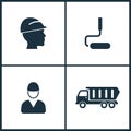 Vector Illustration Set Cinema Icons. Elements of Worker with helm, Roller and Construction truck icon