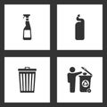 Vector Illustration Set Cleaning Icons. Elements of Cleaning spray bottle, Detergent bottle, trash bin and Man throwing garbage in