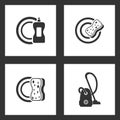 Vector Illustration Set Cleaning Icons. Elements of detergent, dish, sponge cleaning a plate and vacuum cleaner icon