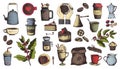 Vector illustration set of coffee ingredients and items in outline style, in color. Coffee, grains and mugs, coffee grinder and Royalty Free Stock Photo