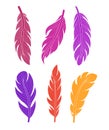 Vector illustration set of colored silhouette feathers on white background.