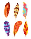 Vector illustration set of colorful and bright feathers. multicolored feathers collection isolated on white background