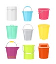 Vector illustration set of colorful buckets different shapes. Containers with handle in cartoon flat style on white Royalty Free Stock Photo