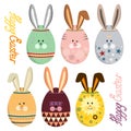 Vector illustration set of colorful eggs with bunny faces and ears