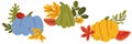 Vector illustration with a set of colorful pumpkins in a group with autumn leaves. Collection for stickers. The concept