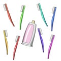 Vector illustration. A set of colorful toothbrushes and a tube of toothpaste, cartoon style