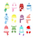 Vector illustration set of colorful winter or autumn hats, headwear collection. Knitting hats, scarves and gloves for Royalty Free Stock Photo