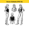 vector illustration set of a cowgirl character shown from multiple angles including front, side, and back views, wearing western Royalty Free Stock Photo