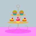 Vector illustration. set of cupcakes on cake stand isolared on colorful background. vector design template. A selection of