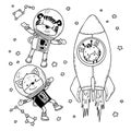 Vector illustration Set of cute animals in space on a rocket in doodle hand drawing style.