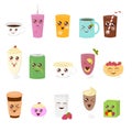 Vector illustration set of cute drinks in flat cartoon style. Cup of tea, hot chocolate, latte, coffee, smoothie, juice Royalty Free Stock Photo