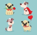 Vector illustration set of cute and funny cartoon little Valentine dogs-pupies in love with heart, rose, wings and