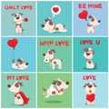 Vector illustration set of cute and funny cartoon little Valentine dogs-pupies in love with heart, rose, wings and