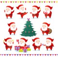 Vector illustration set of cute and funny Santas in different poses. Collection of Santa Claus and Christmas tree with