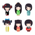 Vector illustration set of cute Japanese kokeshi dolls
