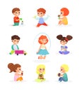 Vector illustration set of cute kids playing with toys, dolls, jumping, smiling. Happy children having fun, cartoon flat Royalty Free Stock Photo