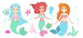 Vector illustration set of cute mermaids with different hair colors, aquatic nature, corrals, seashells, jellyfish and