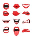 Vector illustration set of cute mouth with red lips expressions facial gestures collection. Smiling sticking, out tongue