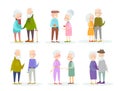 Vector illustration set of cute and nice old people couples in different situations and poses on white background. Old Royalty Free Stock Photo