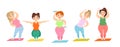 Vector illustration set of cute overweight ladies doing sports, plus size women doing fitness exercise. Fat curvy women