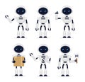 Vector illustration set of cute robots in different positions on white background. Technologies, robot concept in