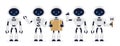 Vector illustration set of cute robots white color in different poses in flat cartoon style.