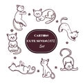 vector illustration, set of cute seven hand drawn cats, line art style, Royalty Free Stock Photo