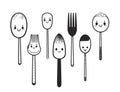 Vector Illustration, Set Illustration of Cute Spoon and Fork Character, lineart Royalty Free Stock Photo