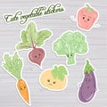 Vector illustration of set of cute vegetable stickers: beet, carrot, broccoli, pumpkin, pepper and eggplant on wooden backdrop Royalty Free Stock Photo