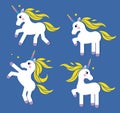 Vector illustration set of cute white fairy unicorn on the blue background with yellow hair and colorful horn.Cute magic collecti