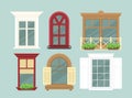 Vector illustration set of detailed various colorful windows with flowers, decorations and window sills, curtains. Flat Royalty Free Stock Photo