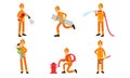 Vector Illustration Set With Different Action Poses Of Fireman At Work Royalty Free Stock Photo