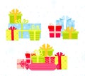 Vector illustration set of different colorful gift boxes. Flat cartoon design present boxes with bows in bright colors Royalty Free Stock Photo