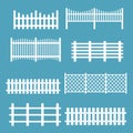 Vector illustration set of different fences white color. Rural silhouettes wooden fences, pickets vector for garden in
