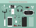 Vector illustration set of different phone accessories on green background. Smartphone with power bank, charger and