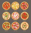 Vector illustration set of different pizza top view with ingredients. Italian tasty and bright colors pizza, vegetarian