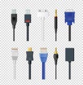 Vector illustration set of different plugs and wires, color various audio connectors and inputs collection on