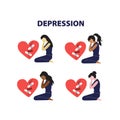 Vector illustration set of different skin color and nationality women sit on the floor and crying around broken heart