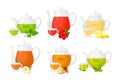 Vector illustration set of different types of tea. Set of pots and cups with different ingredients herbs and lemon