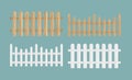 Vector illustration set of the different wood fences in natural color texture and white color.