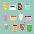 Vector illustration set of drinks in flat cartoon style. Cup of tea, hot chocolate, latte, coffee, smoothie, juice, milk