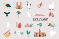 Vector Illustration Set of Ecuador Icons with Turtle, Booby Bird, Famous Landmarks, Natural Objects Royalty Free Stock Photo