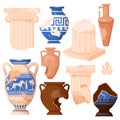 vector illustration set featuring ancient Roman and Greek columns and amphoras. cartoon-style broken ceramic vases and