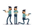 Vector illustration set female policeman character. A policeman in uniform is standing in different poses. Public safety Royalty Free Stock Photo
