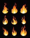 Vector illustration set of fire flames different shapes. Flaming symbols collection. Hot energy concept in flat cartoon Royalty Free Stock Photo