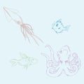 Hand drawn set of marine animals. Vector illustration set of fish. Icon, logo cartoon squid, octopus, fish Royalty Free Stock Photo