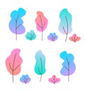 Vector illustration set of flat trees and bushes. Various trees with color gradient. Simple cartoon trees on white Royalty Free Stock Photo