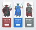 Flat vector illustration set of vertical banners with brave knights. Comic warrior characters wearing in armor with iron