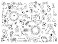 Vector illustration Set of flower doodles Coloring book is anti-stress for adults. Black and white.